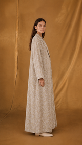Notched Collar Abaya - Beige with Off White Floral Print