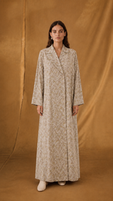 Notched Collar Abaya - Beige with Off White Floral Print