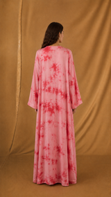 v Neck Abaya - Red with Pink Mix Stripe Printed - cotton silk