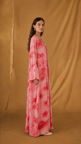 v Neck Abaya - Red with Pink Mix Stripe Printed - cotton silk