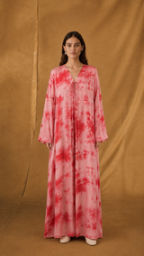 v Neck Abaya - Red with Pink Mix Stripe Printed - cotton silk