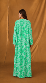 V Neck Abaya - Green with White Eyelet Cotton