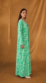 V Neck Abaya - Green with White Eyelet Cotton