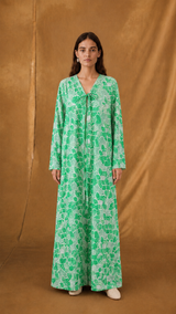 V Neck Abaya - Green with White Eyelet Cotton