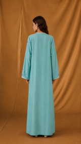 v Neck Abaya - Blue Bead Lace Silver Moroccan Lace