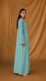 v Neck Abaya - Blue Bead Lace Silver Moroccan Lace