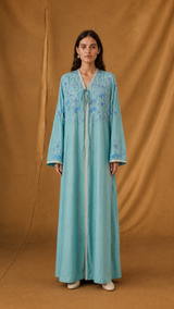 v Neck Abaya - Blue Bead Lace Silver Moroccan Lace