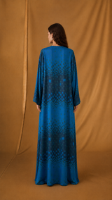 v Neck Abaya - Navy Blue with Dark Blue Abstract