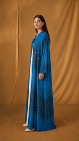 v Neck Abaya - Navy Blue with Dark Blue Abstract
