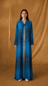 v Neck Abaya - Navy Blue with Dark Blue Abstract