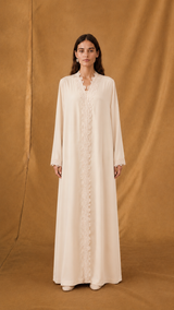 v Neck Abaya - Light Biege Curvy Lace