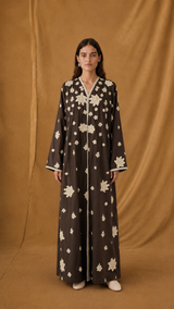 V Neck Abaya - Flower Bead Lace patch