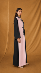 Notched Collar Abaya - Black Floral Toor - Mixed Colour
