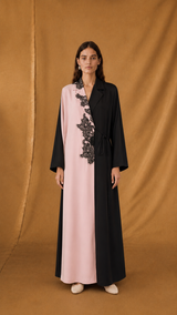 Notched Collar Abaya - Black Floral Toor - Mixed Colour