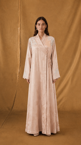 v High Neck Overlap Abaya - Flower Bead - Silk Emb