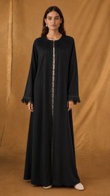 Round Neck Abaya - Black Curvy Lace