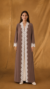 v Neck Abaya - Light Biege Curvy Flower Lace