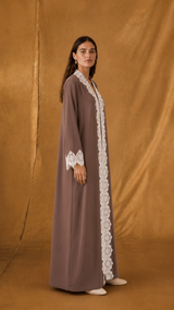 v Neck Abaya - Light Biege Curvy Flower Lace