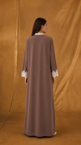 v Neck Abaya - Light Biege Curvy Flower Lace