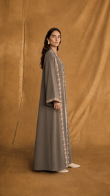 v Neck Abaya - Pink With Green Small Flower Lace