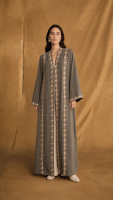 v Neck Abaya - Pink With Green Small Flower Lace