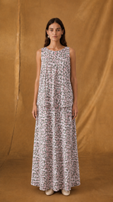 Vacation Wear - Top and Skirt in pink with green mix flower print chiffon