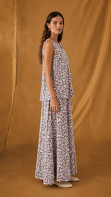Vacation Wear - Top and Skirt in pink with green mix flower print chiffon