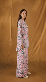 Vacation Wear - Coord Set - Chiffon Pink and Green Mix Floral Printed