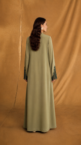 v Neck Abaya - Dark Green Coded Lace