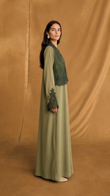 v Neck Abaya - Dark Green Coded Lace