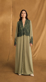 v Neck Abaya - Dark Green Coded Lace