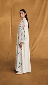Notched Collar Abaya - Pink Green Mixed Colour Art Work