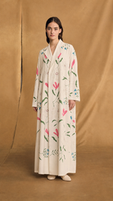 Notched Collar Abaya - Pink Green Mixed Colour Art Work