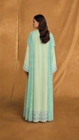 v Neck Kaftan - Blue Sequin Bead Flower Patch