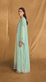 v Neck Kaftan - Blue Sequin Bead Flower Patch