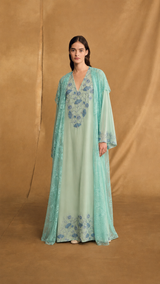 v Neck Kaftan - Blue Sequin Bead Flower Patch