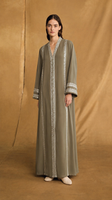 v Neck Abaya - Silver Sequin Lace