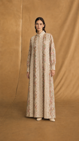 Chinese Collar Abaya - White Curvy Lace 2Line Front
