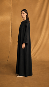 Round Neck Abaya - Black Emb. Lace