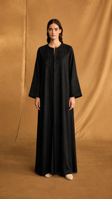 Round Neck Abaya - Black Emb. Lace