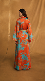 MARRAKECH - v Neck Kaftan With Orange and Gold Moroccan Lace