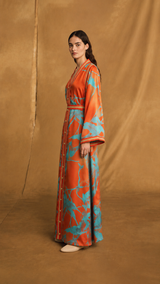 MARRAKECH - v Neck Kaftan With Orange and Gold Moroccan Lace