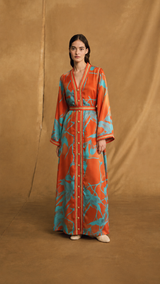 MARRAKECH - v Neck Kaftan With Orange and Gold Moroccan Lace