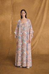 Box Neck Thobe - Two Piece Set - Pink Sequin Bead Flower Patch