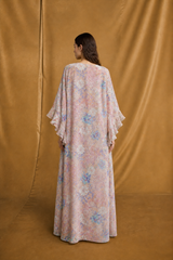 Box Neck Thobe - Two Piece Set - Pink Sequin Bead Flower Patch