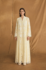 v Neck Abaya - Beige toor with Silver Off White Sequin Bead Flower Patch