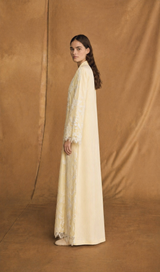 v Neck Abaya - Beige toor with Silver Off White Sequin Bead Flower Patch