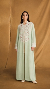v Neck Abaya - White Curvy Lace and Off White Floral Crochet Lace