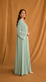 v Neck Abaya - Mint Green Sequin Border Lace