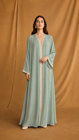 v Neck Abaya - Mint Green Sequin Border Lace